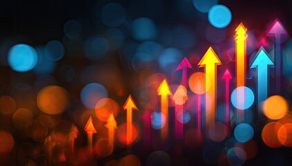 Vibrant, glowing arrows ascend against a dark, blurred background with colorful bokeh lights
