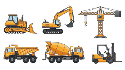 Construction Vehicles - Bulldozer, Excavator, Crane, Dump Truck, Mixer, Forklift. © crsnd