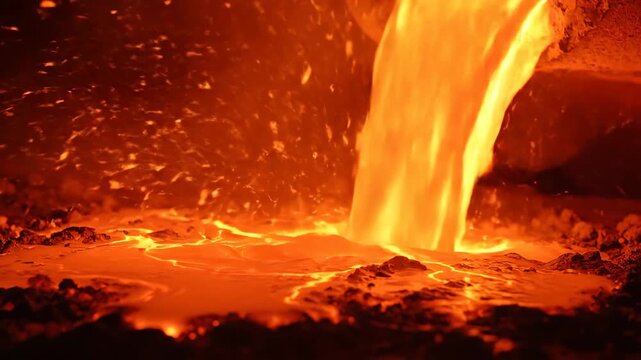 Molten metal pouring, flowing liquid fiery hot glowing texture
