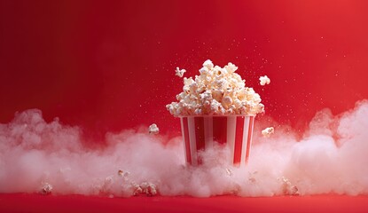 A red and white striped popcorn bucket with exploding kernels and vapor