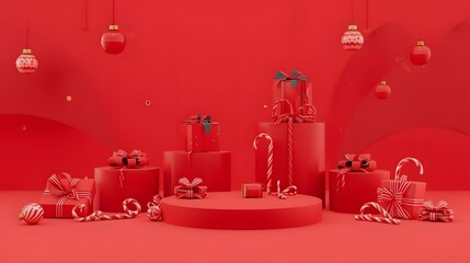 christmas, holiday, winter, trendy, Vibrant red Christmas gift boxes and candy canes arranged on pedestals festive holiday display with ornaments perfect for seasonal promotions a