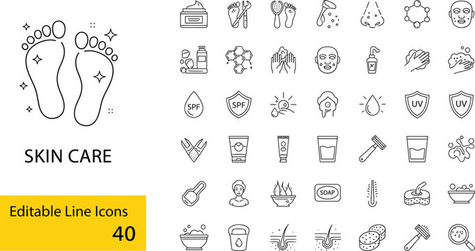 Skin care and beauty line icons set featuring dermatology hygiene and cosmetic symbols.Skin care and beauty line icons set featuring dermatology hygiene and cosmetic symbols.