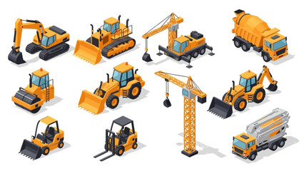 Isometric Construction Vehicles - Excavator, Bulldozer, Crane, Mixer, Forklift. © chriesenda