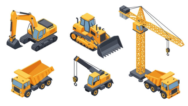 Isometric Construction Vehicles - Excavator, Bulldozer, Crane, and Dump Trucks.