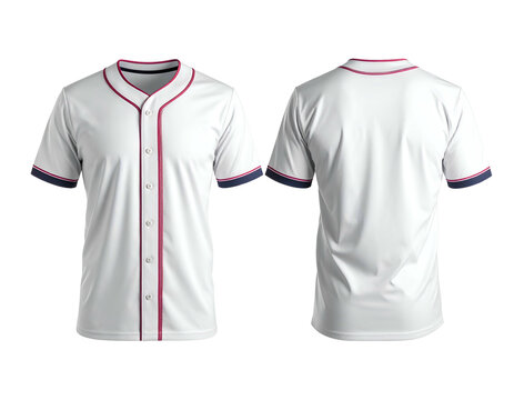 Front and back views of a classic white baseball jersey with trim