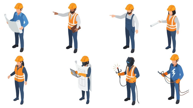 Isometric Construction Workers in Various Poses and Actions.