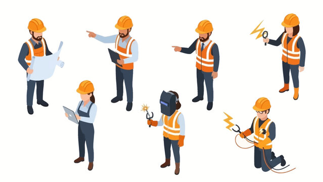Isometric Construction Workers in Various Poses and Roles.