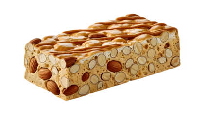 Delicious nougat candy with almonds on white background