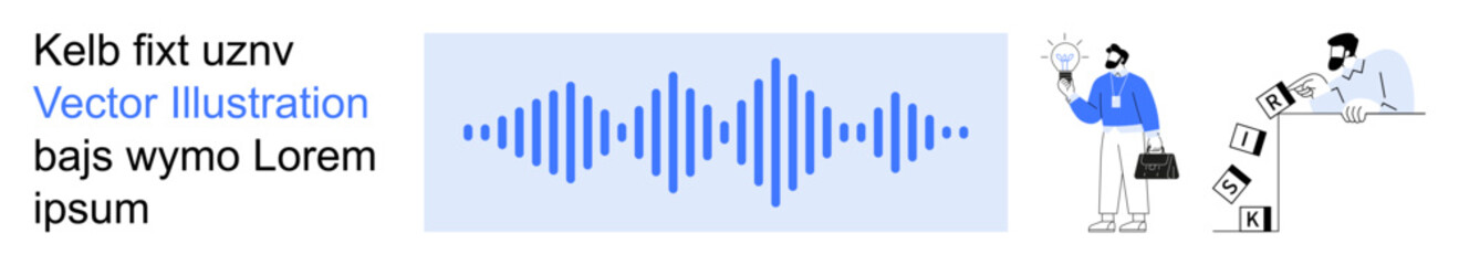 Obraz premium Audio technology, data analysis, teamwork, idea generation, communication, business presentation. Blue soundwave with two professionals analyzing charts and generating ideas. Audio technology