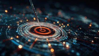 Digital circuitry with a central glowing target being probed, intricate data connections