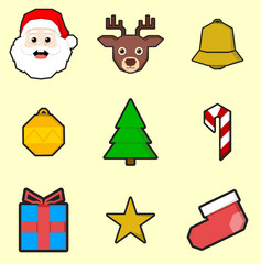 Fototapeta premium Christmas Icon Set Flat Vector Illustration with Santa Claus, Reindeer, Tree, Bell, Gift and Holiday Symbols