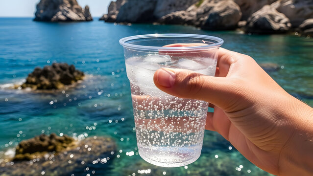 A person holding a plastic cup with water in front of the ocean
