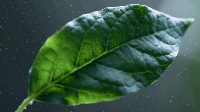 Close-up of a vibrant green leaf against a blurred dark background with soft glowing light and specks resembling snowflakes, creating a serene atmosphere