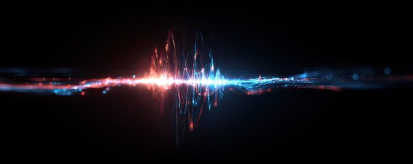 Vibrant abstract light waves in red and blue with reflections on a black background