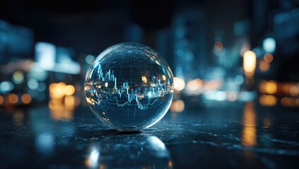 Glass sphere with financial graph reflects blurry city lights on a dark surface