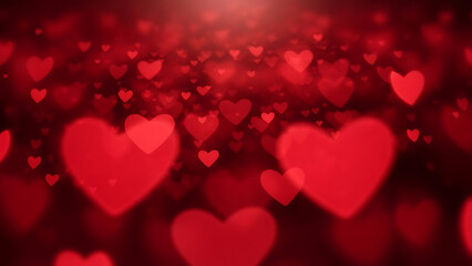 red hearts floating on red background with bokeh effect