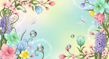 A vibrant and colorful floral border with various spring flowers, butterflies, and sparkling water droplets on a soft gradient background.