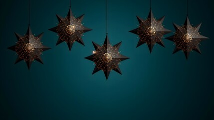 christmas, holiday, winter, trendy, Five ornate star-shaped lanterns with intricate patterns and warm glowing centers suspended against a deep teal background creating a festive a
