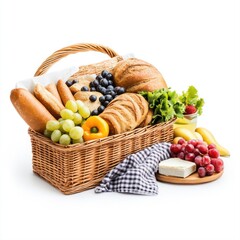 Fresh Bountiful Basket with Bread, Fruits, and Greens on White Background