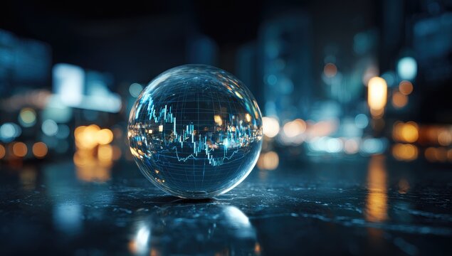 Glass sphere with financial graph reflects blurry city lights on a dark surface - Powered by Adobe