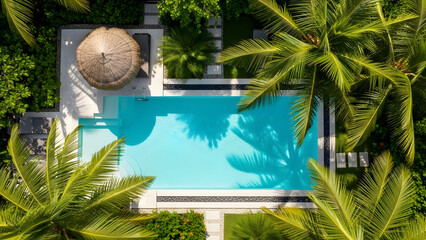 An aerial view of a pool surrounded by palm trees