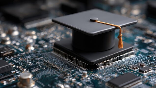Graduation cap sits atop a microchip on a vibrant circuit board, symbolizing tech education - Powered by Adobe