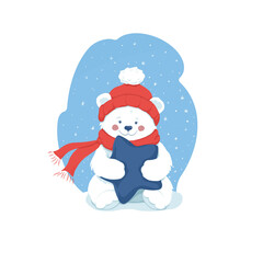 A polar bear in a red hat holds a star in its paws. Cartoon. Minimalism.
