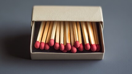 Fototapeta premium Box of Unused Matchsticks with Red Tips in a Gray Background for Minimalist, Creative, and Artistic Concepts and Designs