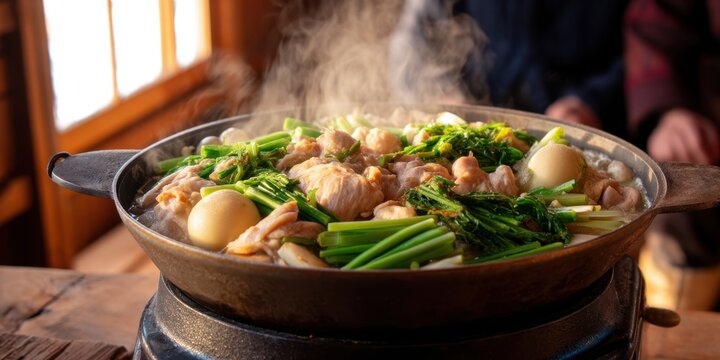 Family nabe dinner concept. Steam rises from a pot filled with fresh vegetables and meat.