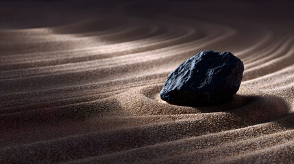 Naklejka premium Zen Stone in Rippled Sands: A solitary stone sits peacefully amidst meticulously raked sand, showcasing tranquility and balance in an inviting, low-key setting.