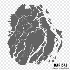 Blank map Barisal Division of Bangladesh. High quality map Barisal Division with districts on transparent background for your web site design, logo, app, UI.  EPS10. 