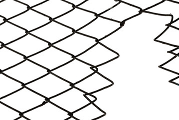 The texture of the metal mesh on a white background. Torn steel, metal mesh with holes