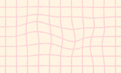 Abstract Hand Drawn Pink Wavy Checkered Seamless Pattern. Distorted Grid Line Background for Textile Print, Fabric Pattern, and Fashion Design. Modern Pastel Doodle Scribble Grid Background.