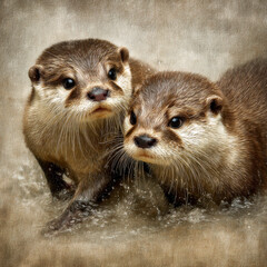 Two wet otters,art