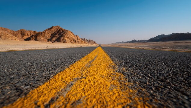 An asphalt road stretches towards the horizon, framed by desert landscape and a clear blue sky - Powered by Adobe