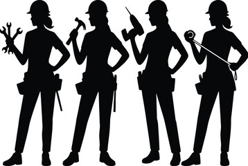 Silhouettes of women in construction isolated on white background, Vector, illustration