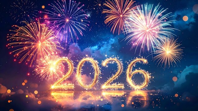 Dynamic Happy New Year 2026 scene with colorful fireworks bursts and glowing reflections. Ideal for event promotions, countdown screens, digital ads, and festive web designs. - Powered by Adobe