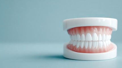 Obraz premium Dental model with white teeth on pink gums and blue background
