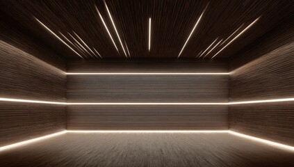 Fototapeta premium Dark wood-paneled room with linear warm LED lighting creating a modern, minimalist space