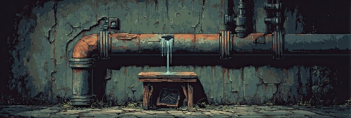 Grungy pixel art scene water leaks from rusty pipe onto a wooden stand below
