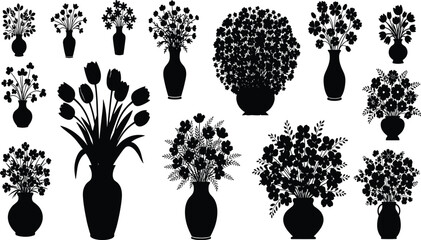 Elegant black silhouette flower arrangements in assorted vases, decorative floral bouquet designs, creative botanical composition set, ornamental vector art illustration