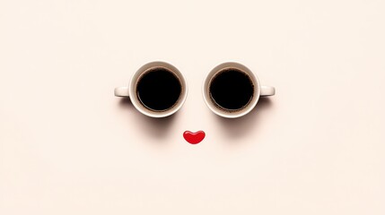 Two coffee cups with a heart on a pastel background forming a cute face 4k video