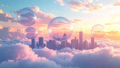 Cities connected by massive transparent bubbles drifting through clouds, with soft pastel skies and liquid motion.