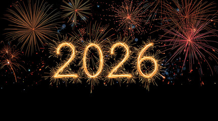 New Year's celebration greeting card for the year 2026, featuring sparkler font and fireworks against a black night sky background.