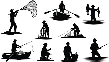 Fisherman silhouette collection, fishing with nets and rods, outdoor activity, river fishing, boat fishing, traditional fisherman vector illustration art © MstRajina