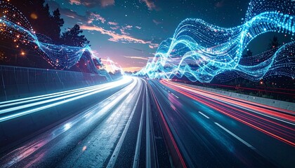 Abstract transportation where humans dissolve into data streams, traveling as luminous thought waves through neural highways.