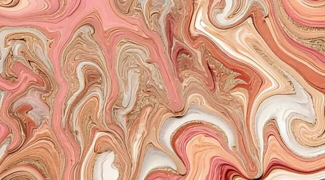 A luxurious fluid art abstract background featuring a beautiful blend of blush pink, coral, white, and subtle golden metallic swirls, perfect for modern design projects.