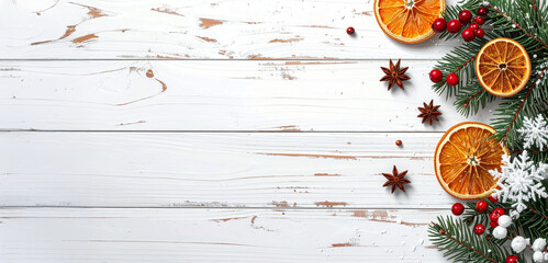 Clean White Wood Christmas Background; Natural Holiday Branch Decor with Dried Fruits and Spices