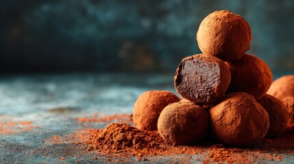 Delicious chocolate truffles dusted with cocoa powder, close-up shot