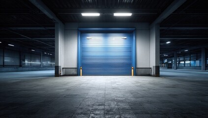 A large empty warehouse with a closed blue door, lit by overhead lighting, dark atmosphere